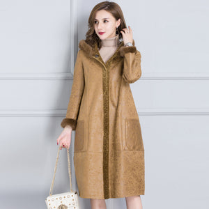 Real fur coat women winter thick warm fur jacket natural mink fur trim hood composite PU layer outside 2-way wearing 0912I