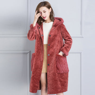 Real fur coat women winter thick warm fur jacket natural mink fur trim hood composite PU layer outside 2-way wearing 0912I