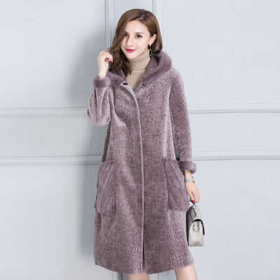 Real fur coat women winter thick warm fur jacket natural mink fur trim hood composite PU layer outside 2-way wearing 0912I