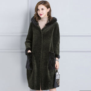 Real fur coat women winter thick warm fur jacket natural mink fur trim hood composite PU layer outside 2-way wearing 0912I