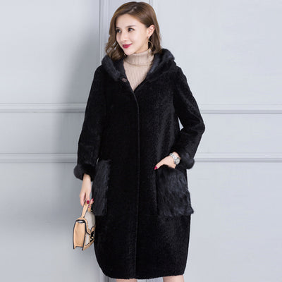 Real fur coat women winter thick warm fur jacket natural mink fur trim hood composite PU layer outside 2-way wearing 0912I