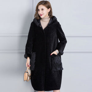 Real fur coat women winter thick warm fur jacket natural mink fur trim hood composite PU layer outside 2-way wearing 0912I
