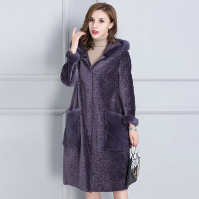 Real fur coat women winter thick warm fur jacket natural mink fur trim hood composite PU layer outside 2-way wearing 0912I