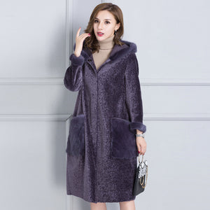 Real fur coat women winter thick warm fur jacket natural mink fur trim hood composite PU layer outside 2-way wearing 0912I
