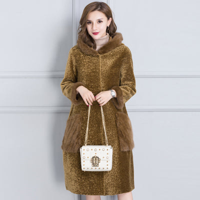 Real fur coat women winter thick warm fur jacket natural mink fur trim hood composite PU layer outside 2-way wearing 0912I