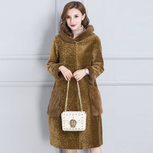 Real fur coat women winter thick warm fur jacket natural mink fur trim hood composite PU layer outside 2-way wearing 0912I